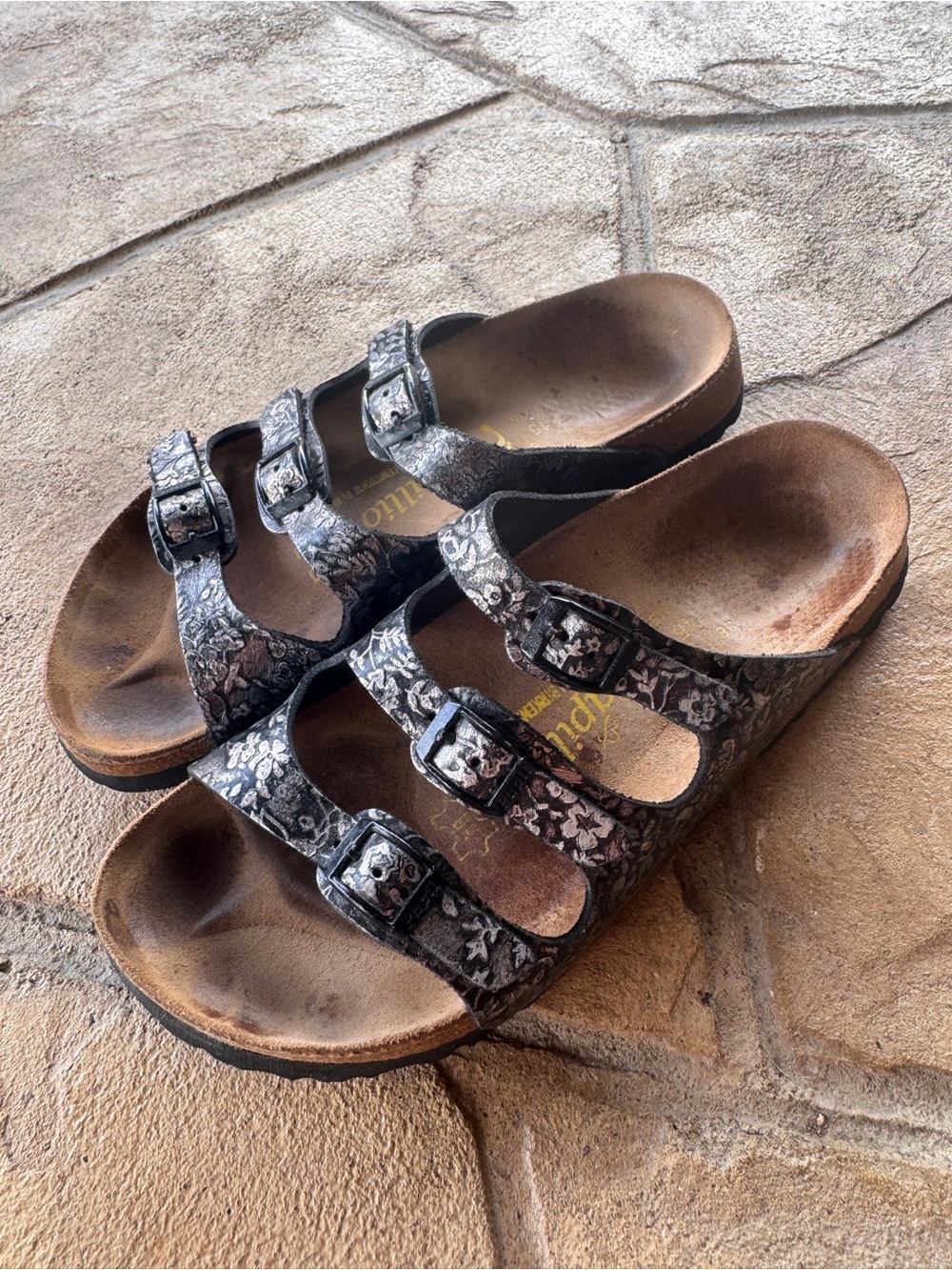 Birkenstock Papillio Florida Black Metallic Floral Leather Sandals EU 38 Narrow